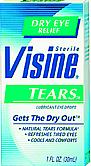 Visine Tears lubricant eye drops-Our lubricant eye drops relieve the burning and irritation of dry eyes. Active ingredients: Polyethylene glycol 400 1%; glycerin 0.2%; hydroxypropyl methylcellulose 0.2%. 4 single-use containers, 0.01 fl. oz. (0.4ml) each.